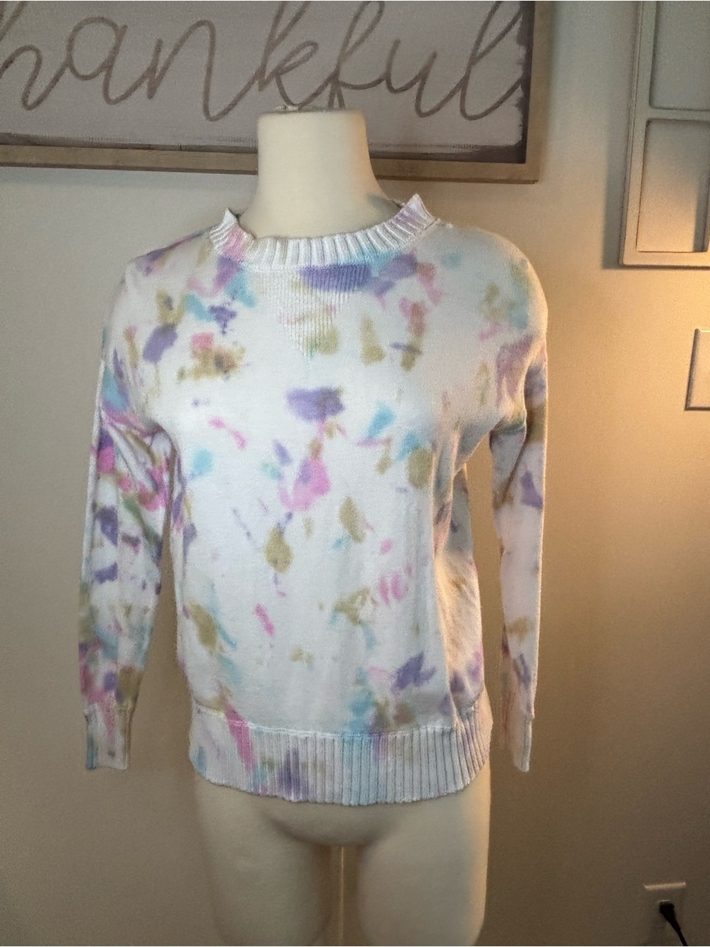 Women's White Tie-Dye Crewneck Sweater - Pastel Multi